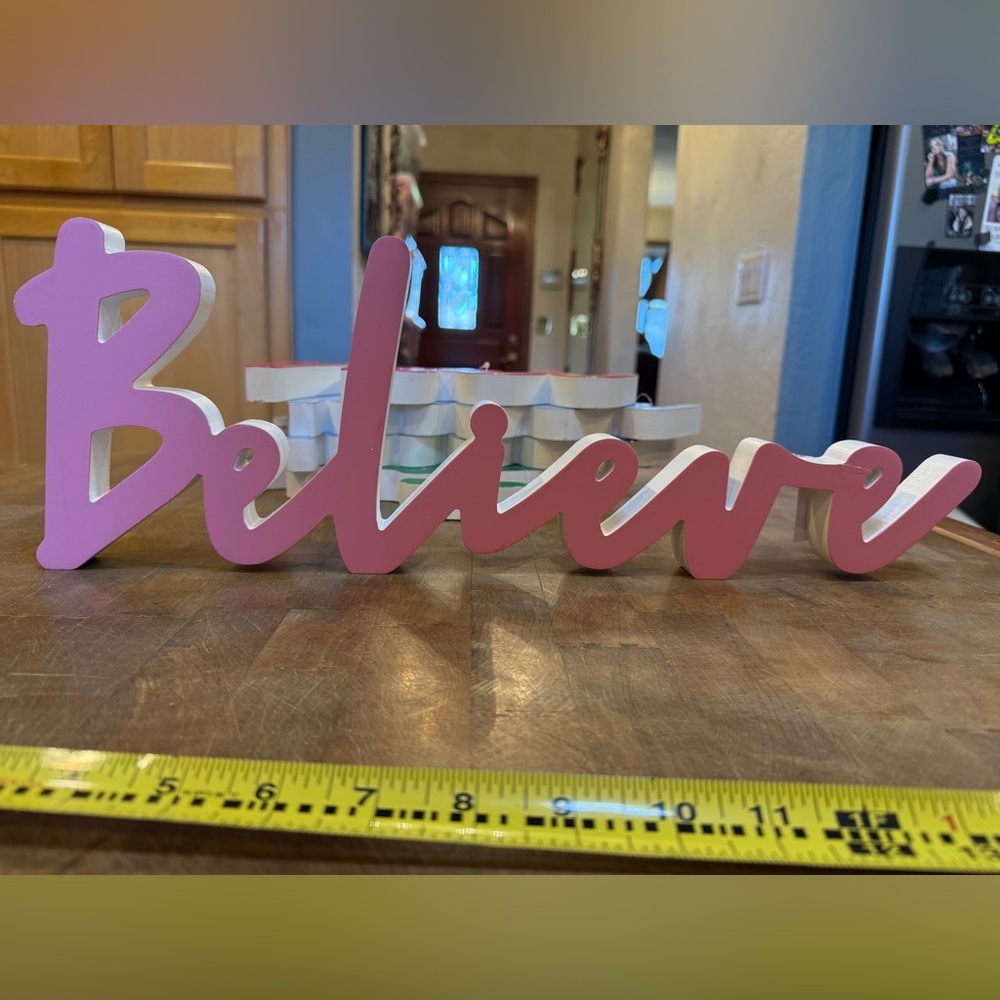 Pink "Believe" Script Decorative Sign by Holiday Home Wall Hanging Decor NEW